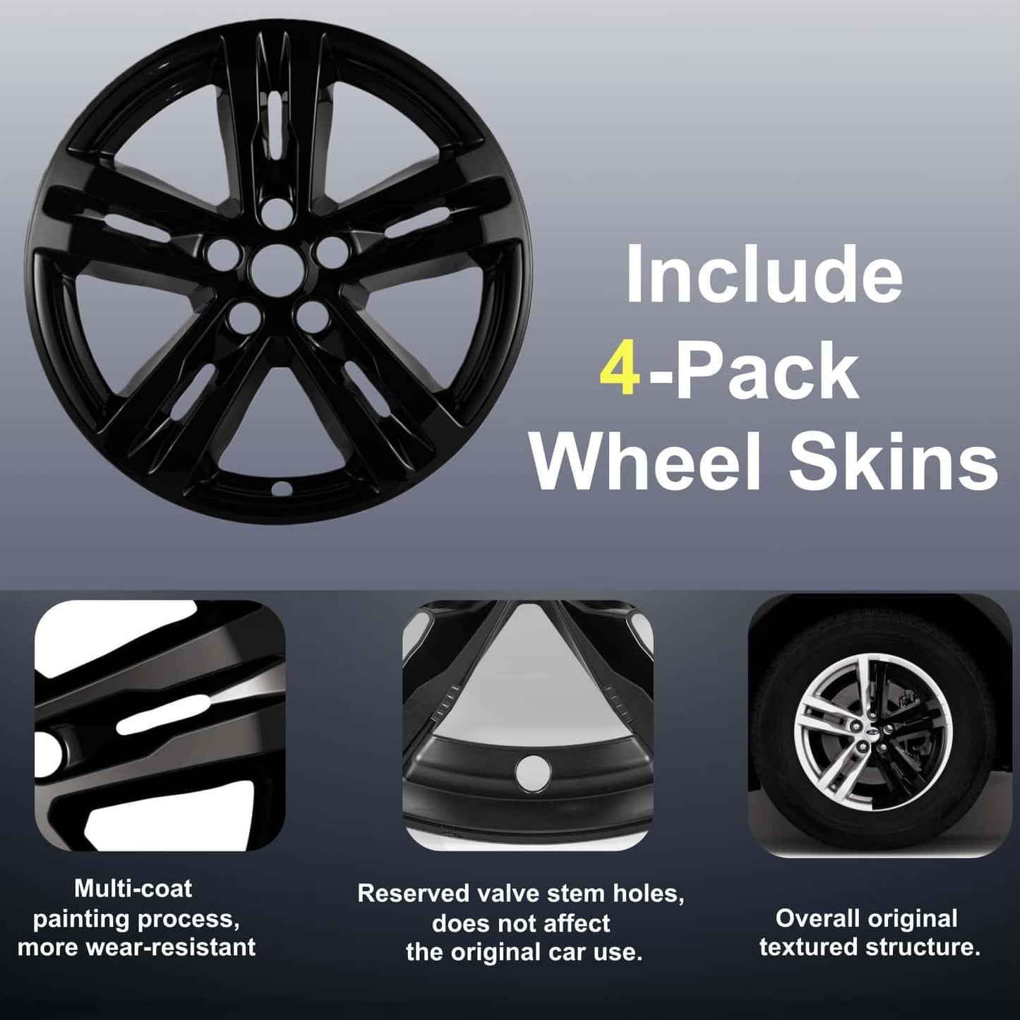 18 inch Wheel Skins compaitble with Ford Explorer 2020-2024; Set of 4 Wheel Covers ; Glossy Black