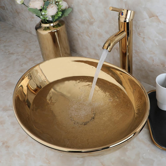 Washly Bathroom Vessel Sink 16 Inch Gold Ceramic Sink Bowl With Gold Faucet and Pop-Up Drain Combo,Oval Bathroom Sink Above Counter Art Sink Washing