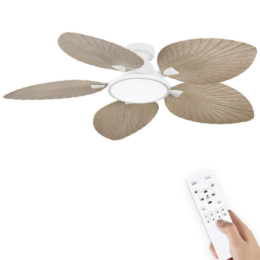 52 Inch Boho Palm Leaf Flush Mount Ceiling Fan with Light and Remote White Motor, Natural Wood Finish Blades, Quiet DC Motor, Dimmable LED, Low Profile Hugger for Bedroom & Patio