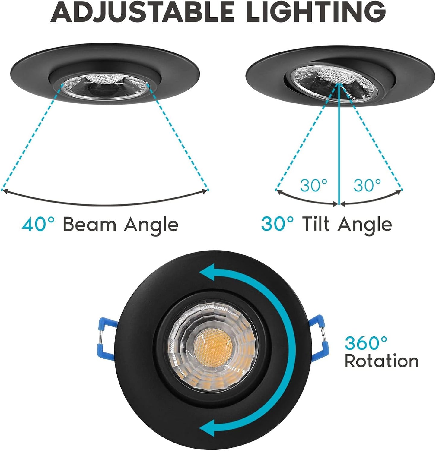 LUXRITE 3 Inch Gimbal LED Recessed Light with Junction Box, 5CCT Color Selectable 2700K-5000K, Dimmable Adjustable Eyeball Swivel Lights, 600 Lumens,