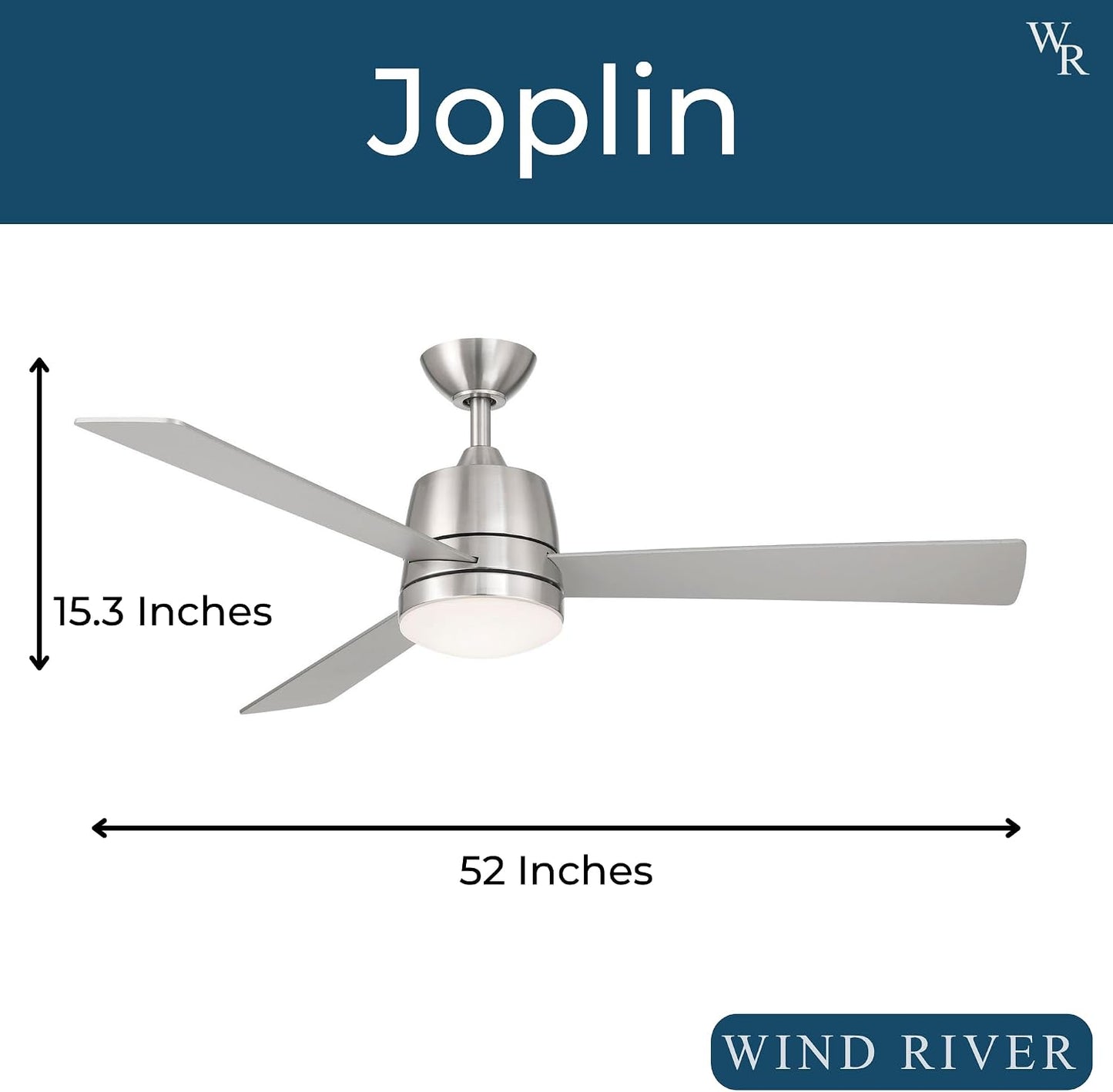 Wind River WR1520N Joplin 52 Inch Indoor Ceiling Fan | 1007 Lumens Integrated LED 3000K | Satin Nickel Finish with Silver Blades | Dual Wall Control | 3 Speed AC Motor | Manual Reverse