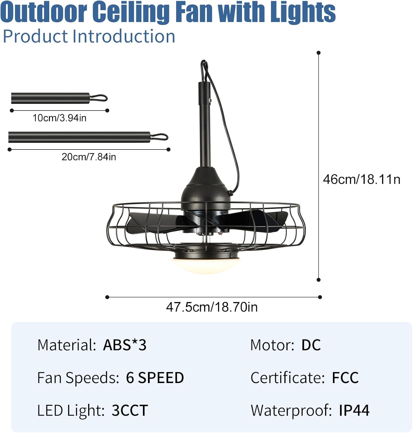 Powfloven 19&#39;&#39;Vintage Waterproof Black Outdoor Ceiling Fans with Lights, Plug in Wet Rated Gazebo Fan Light wit