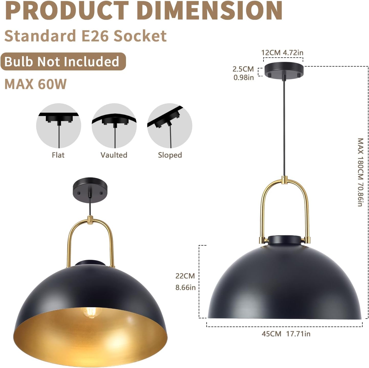 Ziqqeelam 2PCS 17.7&#34; Black Large Pendant Light, Farmhouse Black and Gold Pendant Lights Kitchen Island, Vintage Pendant L