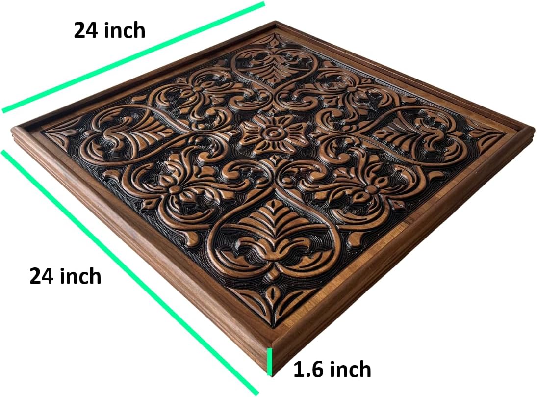 Ottoman Tray 24x24 inches Square Engraved Ottoman Tray for Living Room Non-Slip Protective Tray Mat & Bottom Handles Decorative Ottoman Serving Tray