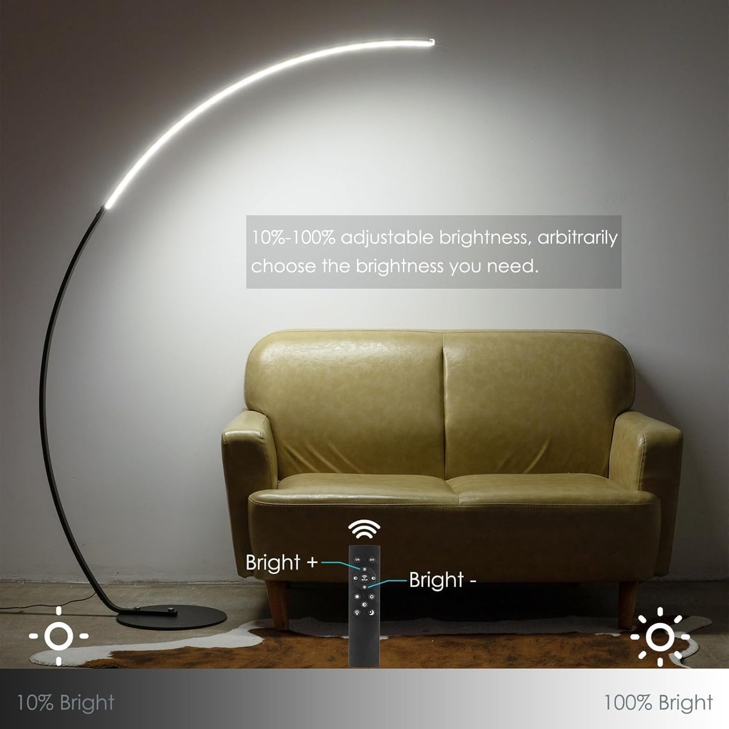 Arc Floor Lamp with Remote Control - Modern Standing Bright LED Floor Lamp for Living Room Bedroom Office - Adjustable Color Temperatures and Steple