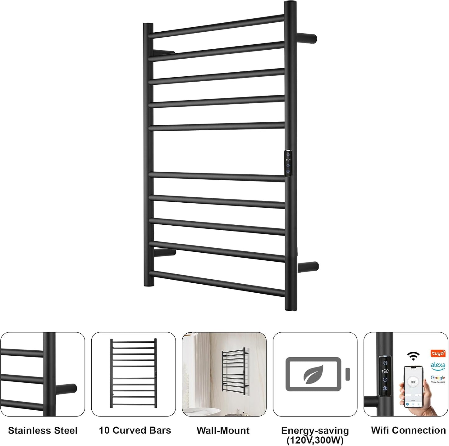 Electric Towel Rack with Voice Control for Alexa & Google Home,TUYA-Wall-Mounted Bathroom Heating Towel Warmer,Stainless Steel Material,31.5x20.08x4.41in,Plug-in,Black,10 Bars 10 Bar Black With Wifi