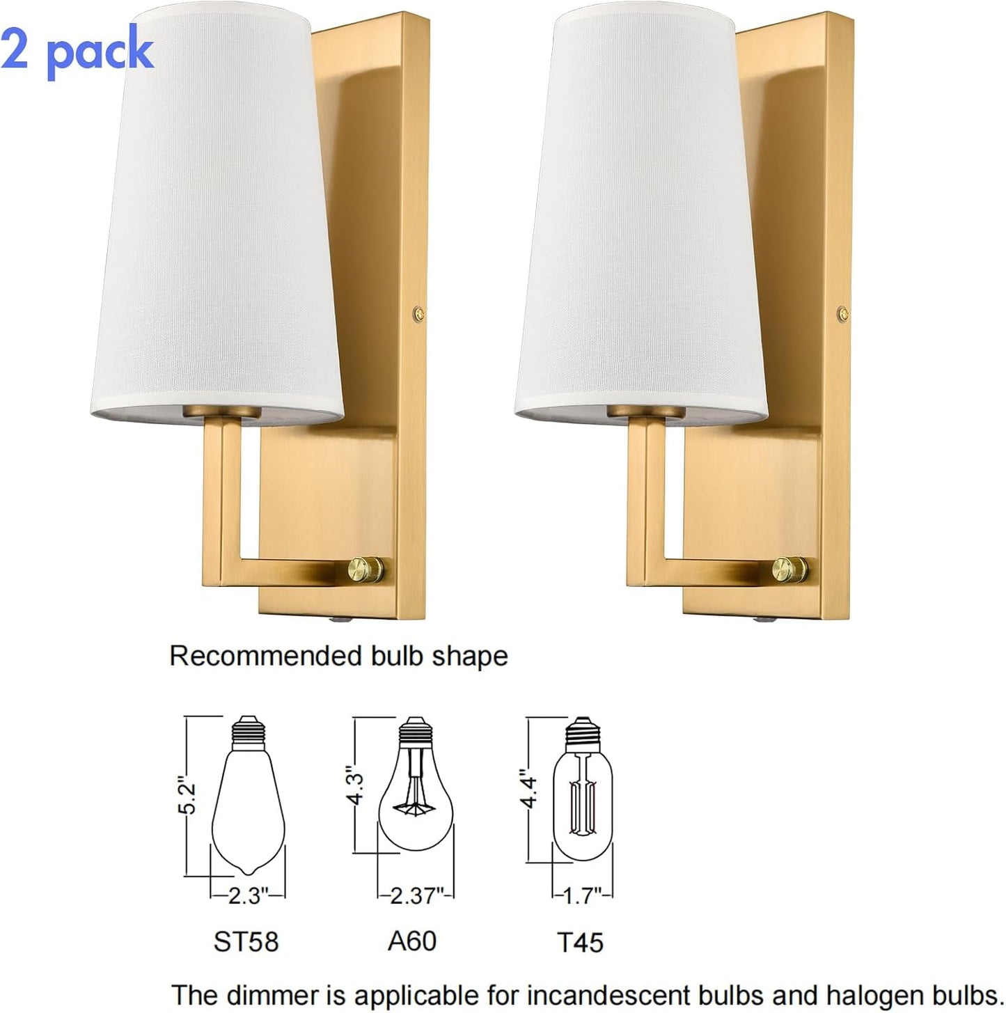 TEENYO Dimmable Gold Wall Sconce Plug-in Set of 2 Mid-Century Modern Fabric Shade Sconces Wall Lighting Hardwired Indoor Wall Light Fixtures Brass