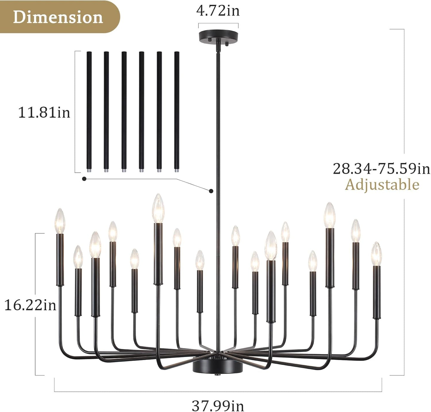 Generies Black Farmhouse Chandeliers, 16-Light Modern Dining Room Chandelier Light Fixture Classic Candle Hanging Industrial Metal Extra Large