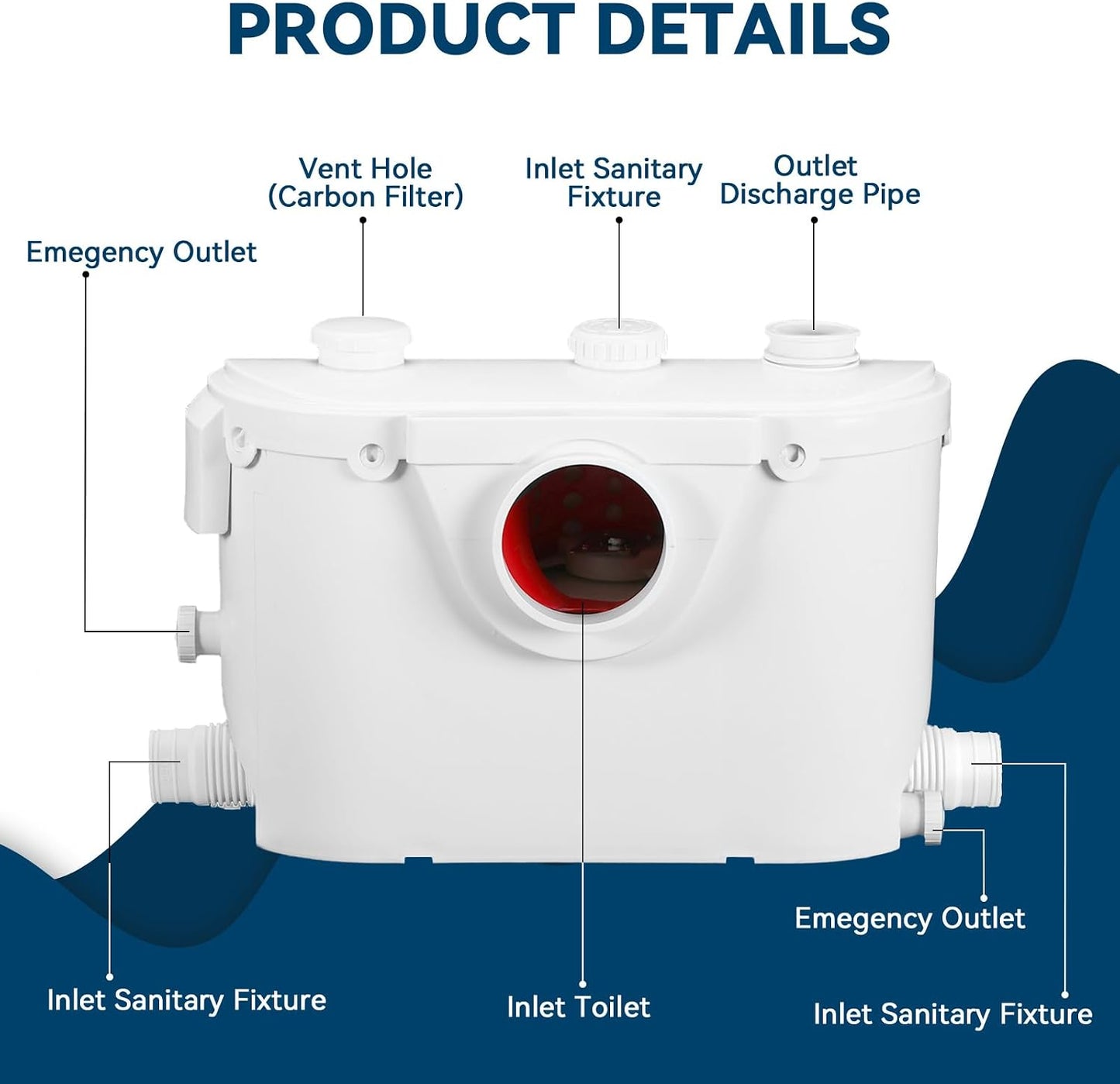600W Macerator Pump Toilet Pump Upflush to 26FT 1800GPH Utility Sink Pump with 4 Water Inlets 1 Outlets Macerating Toilet System for Toilet Sink Shower Laundry Kitchen Basement
