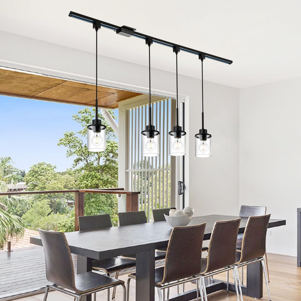 4-Lights H-Type Track Lighting Kitchen Pendant Light Dimmable Black Track Pendant Lighting Fixtures with Clear Glass Shades, Overall Height Approxima