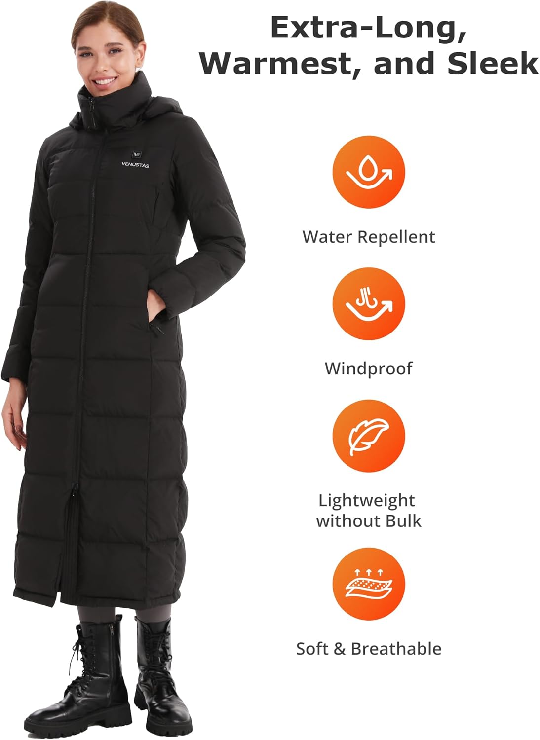 Women's Maxi-Length Heated Down Jacket, Recycled Long Electric Winter Puffer Coat with Battery (Black, Large)