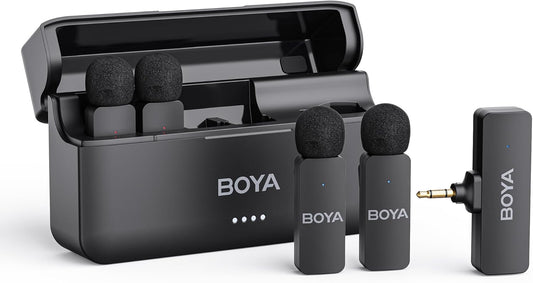 BOYA by-V4 Wireless Microphones for Cameras DSLR Camcorder with Charging case, 12H Battery Life, 650ft Range, 4-Channel Omnidirectional Noise