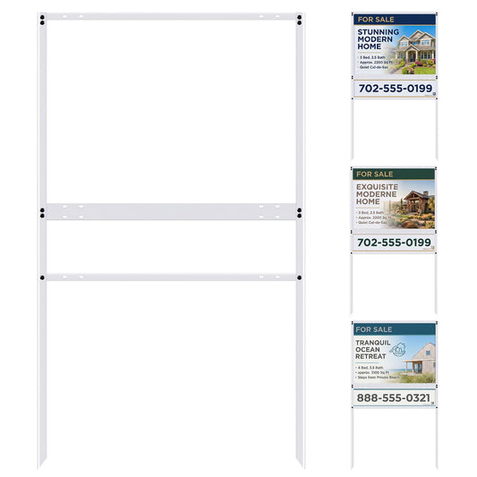 Shimeyao 4 Pcs 24"x18" Real Estate Sign Metal H frame with Rider Slide-in Real Estate Sign Holder H Frame Yard Steel Stakes, White