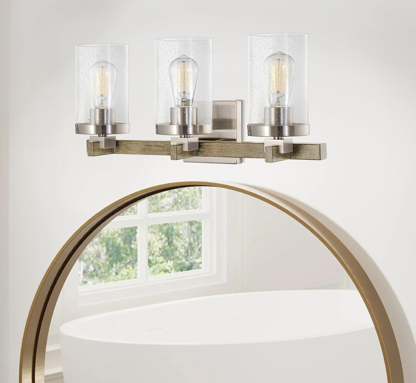 Kira Home Concord 22&#34; 3-Light Farmhouse Vanity/Bathroom Light + Seeded Cylinder Glass Shades, Reclaimed Oak Wood Style + Brushed Nickel Finish