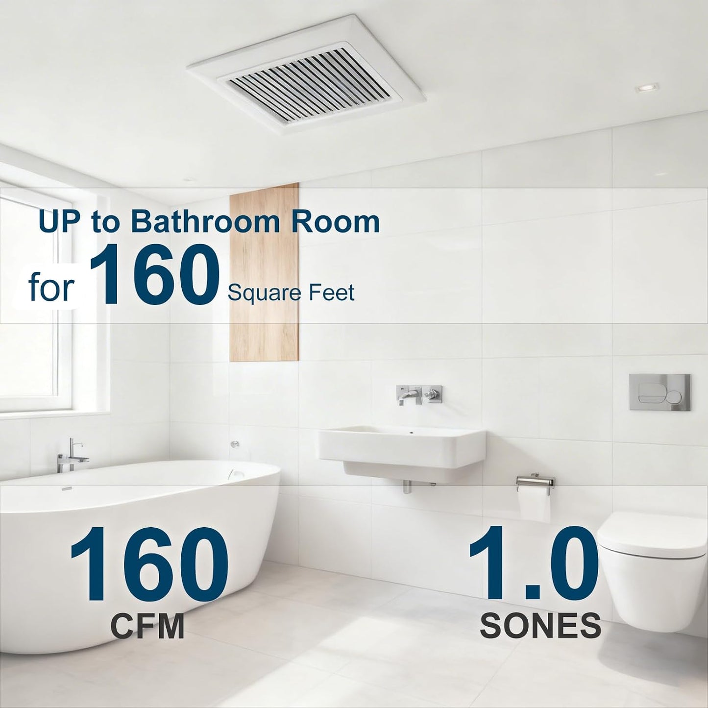 Bathroom Fan, White, 160 CFM, 1.0 Sone, 6 Inch Duct | Quiet Energy Saving, Humidity Sensors, Easy to Install, No Attic Access Ceiling Mounted, ETL Certified