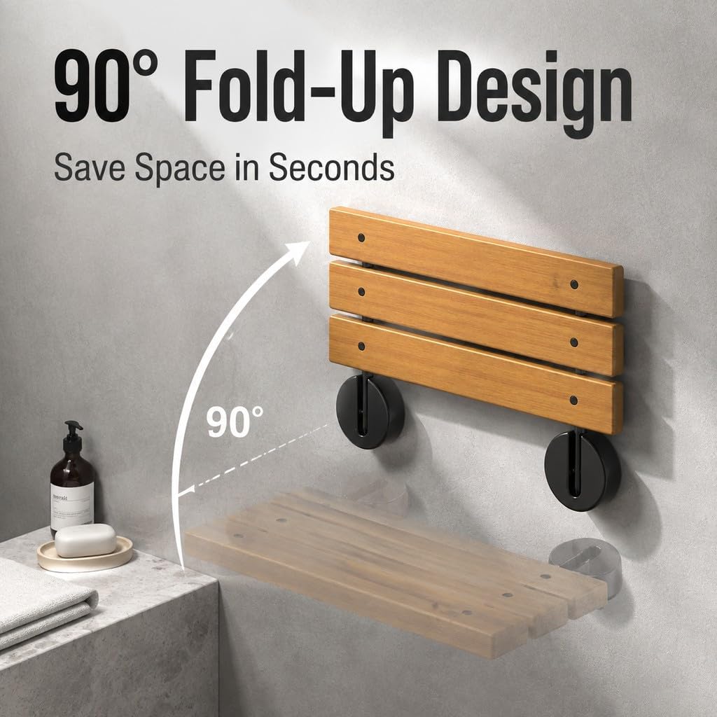 Folding Shower Bench Wall Mounted, Teak, 90° Flip-Up, Space Saving, 400lb