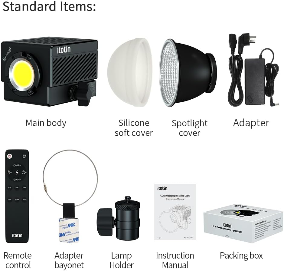 Bi-Color LED Video Light, Portable 60W COB Continuous Output Lighting, CRI96, TLCI97, 2.4G/ BT App Control, 12V DC/PD Power Supply for Studio