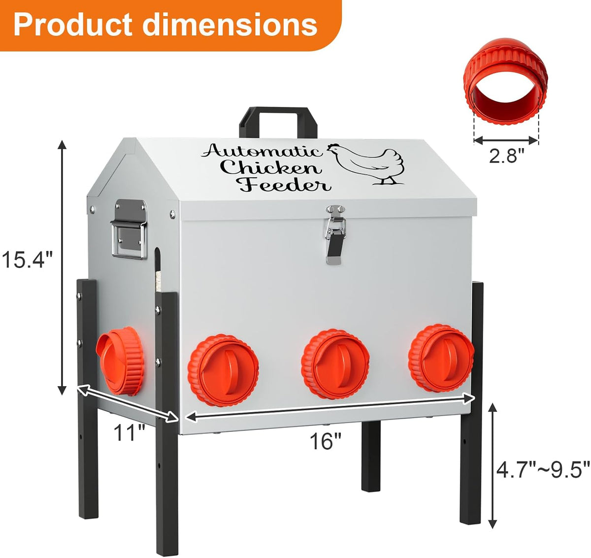 50LB Automatic Chicken Feeder with 8 Feeding Ports, No-Waste Poultry Feeder with Window, Adjustable Height, Locking Lid & Weatherproof Design for Outdoor Coop