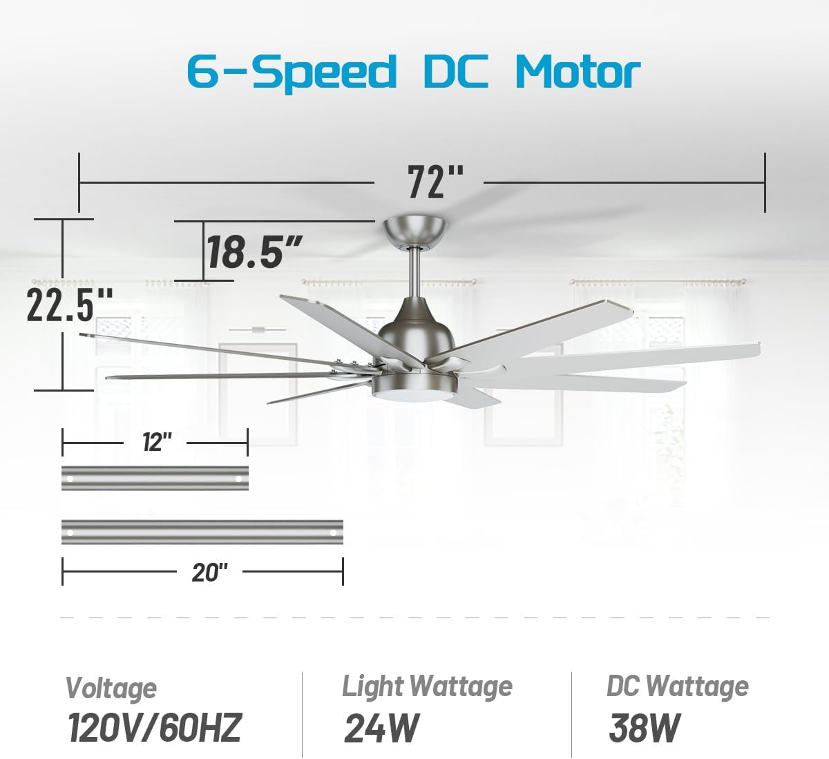 wurzee 72 inch Ceiling Fan with Light, 3CCT 3000K-4000K-6500K Reversible DC Motor, Dimmable Timing 6 Speed, Brushed Nickel Large Ceiling Fan for