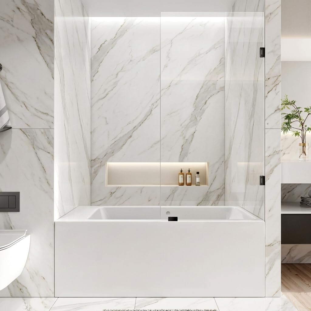 26" W x 52" H Frameless Shower Glass Panel,Single Fixed Bathtub Shower Door | with 1/4"(6mm) SGCC Tempered Glass, Bathtub Glass Panel with Explosion-Proof Film in Matte Black Matte Black 26"W x 52"H