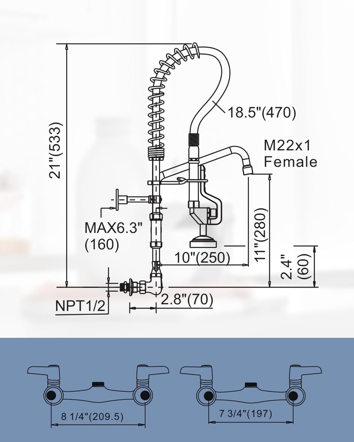 WOWOW Commercial Faucet with Pre-Rinse Sprayer, Wall Mount Kitchen Faucet 8 Inch Adjustable Center Kitchen Sink Faucet with 21 Inch Height, 12 Inch