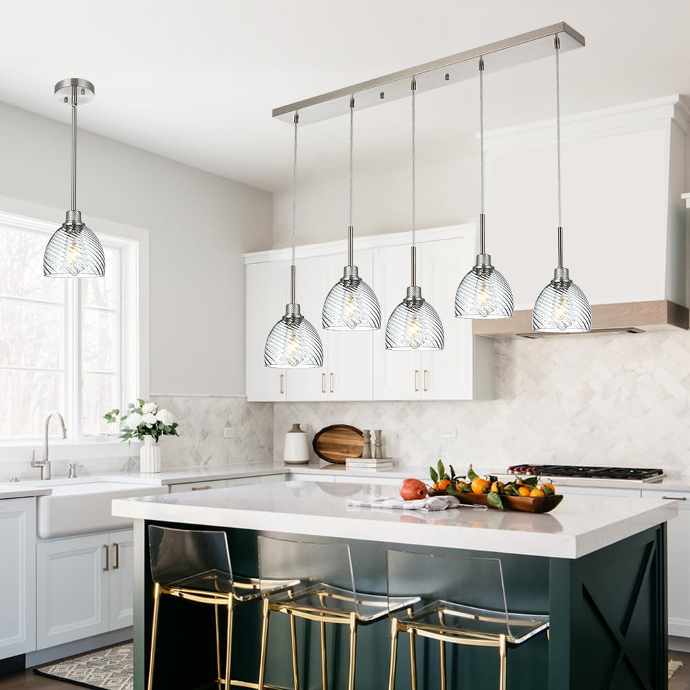 TODOLUZ 5-Lights Pendant Light Fixtures in Brushed Nickel, Modern Linear Chandelier with Clear Striped Glass Shades, Kitchen Island Lighting for