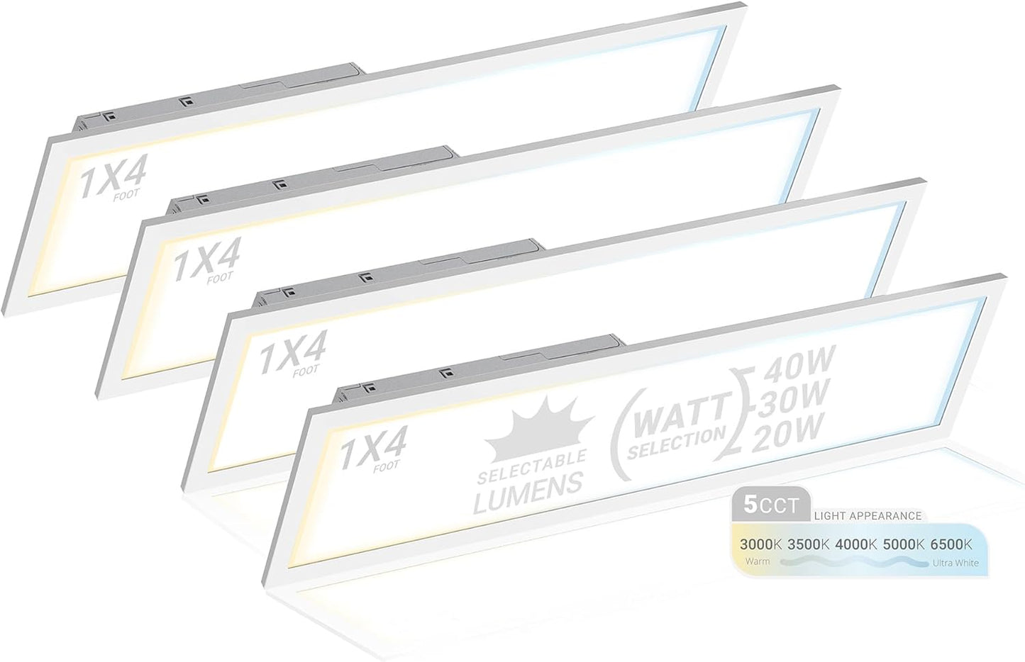 NUWATT 4 Pack 1x4 LED Drop Ceiling Flat Panel Troffer Light, Wattage & Color Selectable 40W/30W/20W, CCT 3000K/3500K/4000K/5000K/6500K, 4400LM, 0-10V