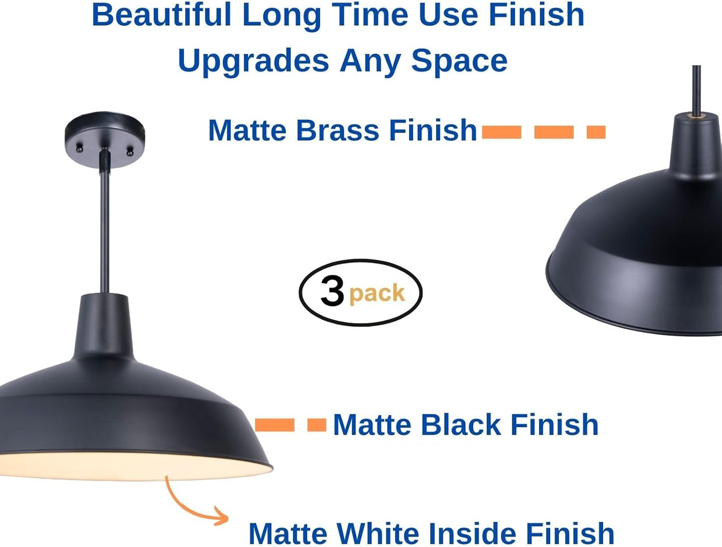3 Pack Modern Black Kitchen Island Pendant Light 16 inches Metal Shade White inside Finish Gold Accent,Multiple Stems Rods Adjustable Hanging Height Ceiling Lamp E26 for Dining Room Hallway