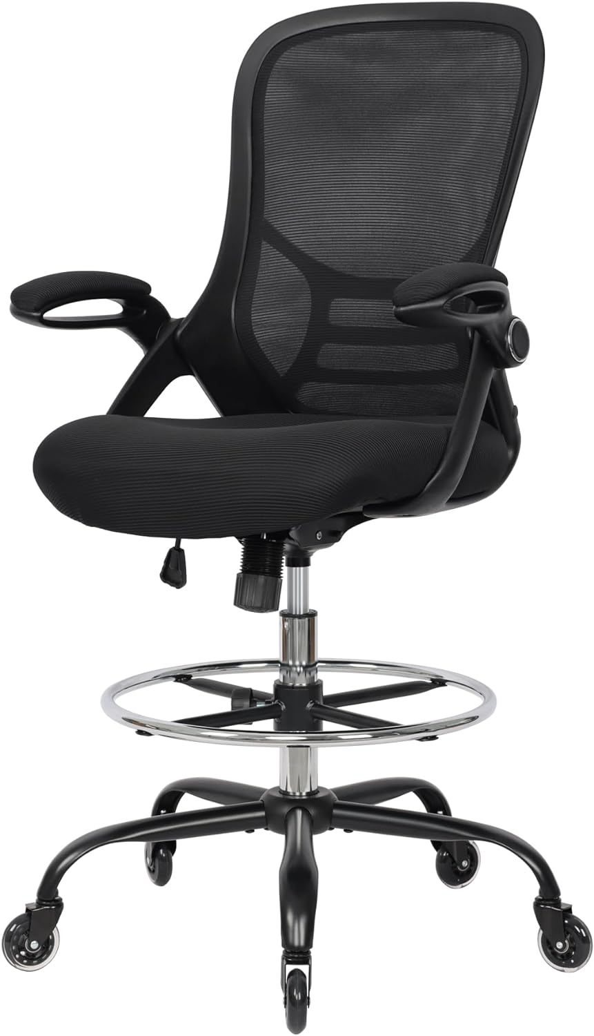 HYLONE Drafting Chair Tall Office Chair, High Ergonomic Standing Desk Computer Stools with Rubber Wheels, Flip-up Armrests, Adjustable Height and