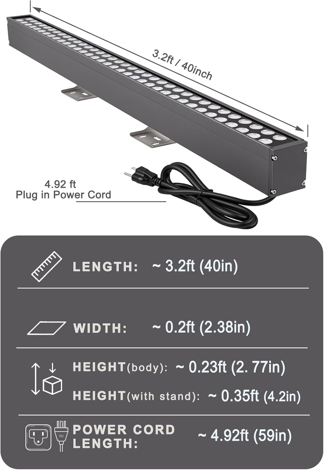 72W LED Wall Washer Lights- 40″ 8000LM 5000K Daylight White Linear Lights- IP65 Waterproof Outdoor Wall Washing Light- 120V Plug in LED Light Bar for Wall, Billboard, Commercial & Indoor Lighting