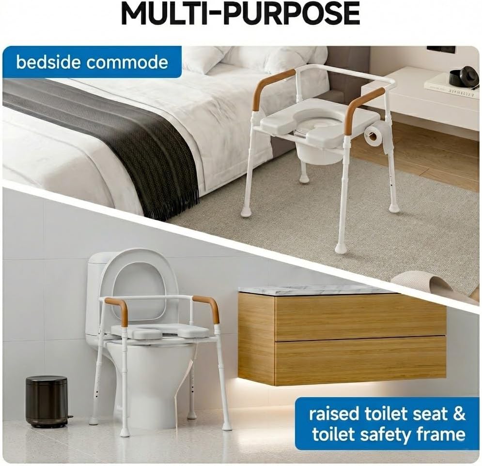 3-in-1 Bedside Commode Chair for Seniors, 400 lbs Heavy Duty Iron Commode Toilet with Padded Seat & Arms, Portable Toilet for Seniors & Adults, Height Adjustable, Bucket, Splash Guard