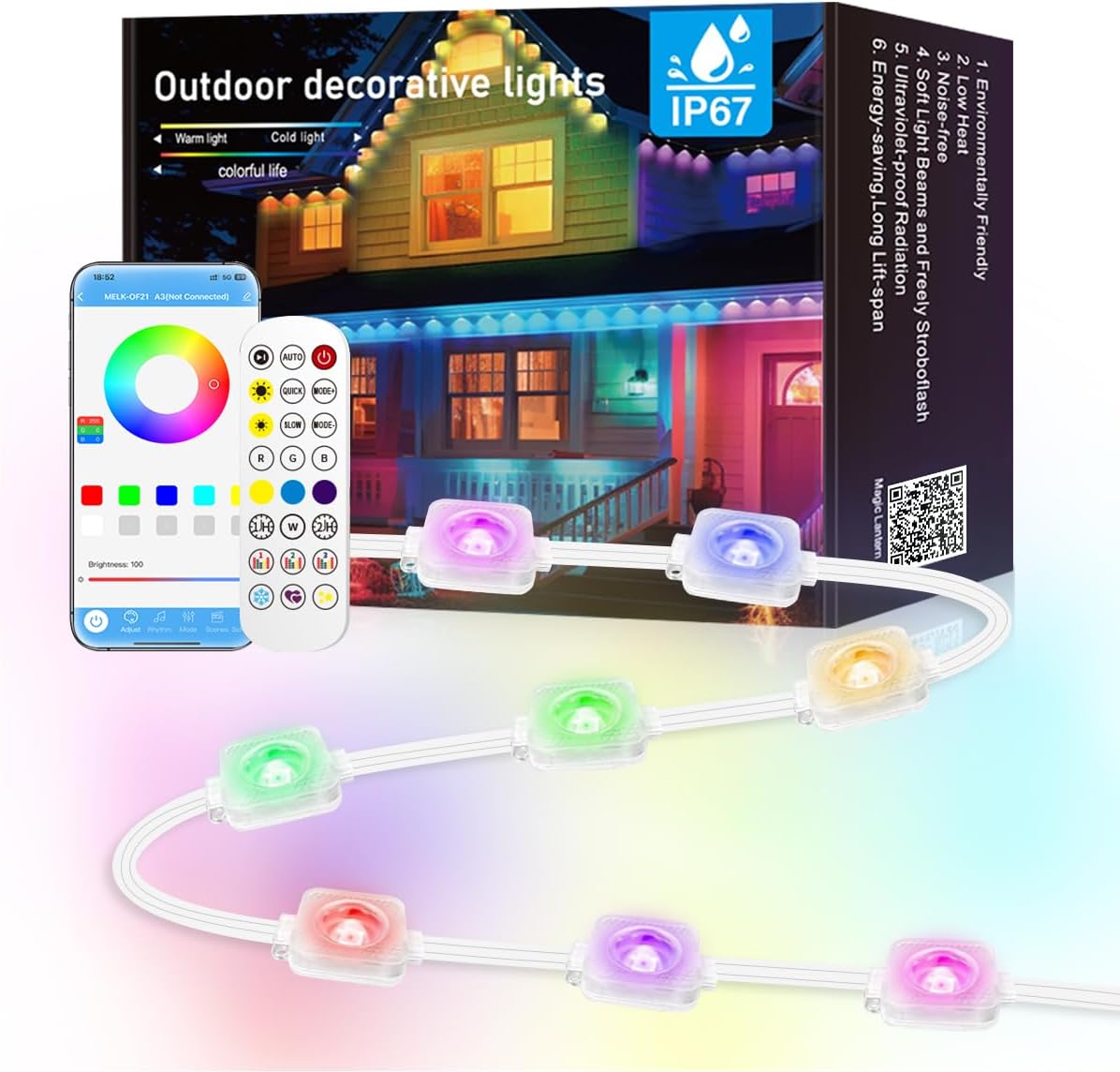 100FT Permanent Outdoor Lights, Smart RGB+IC Eaves Lights with App/Remote Control, Hundreds of Dynamic Style Modes and Scene Modes, IP67