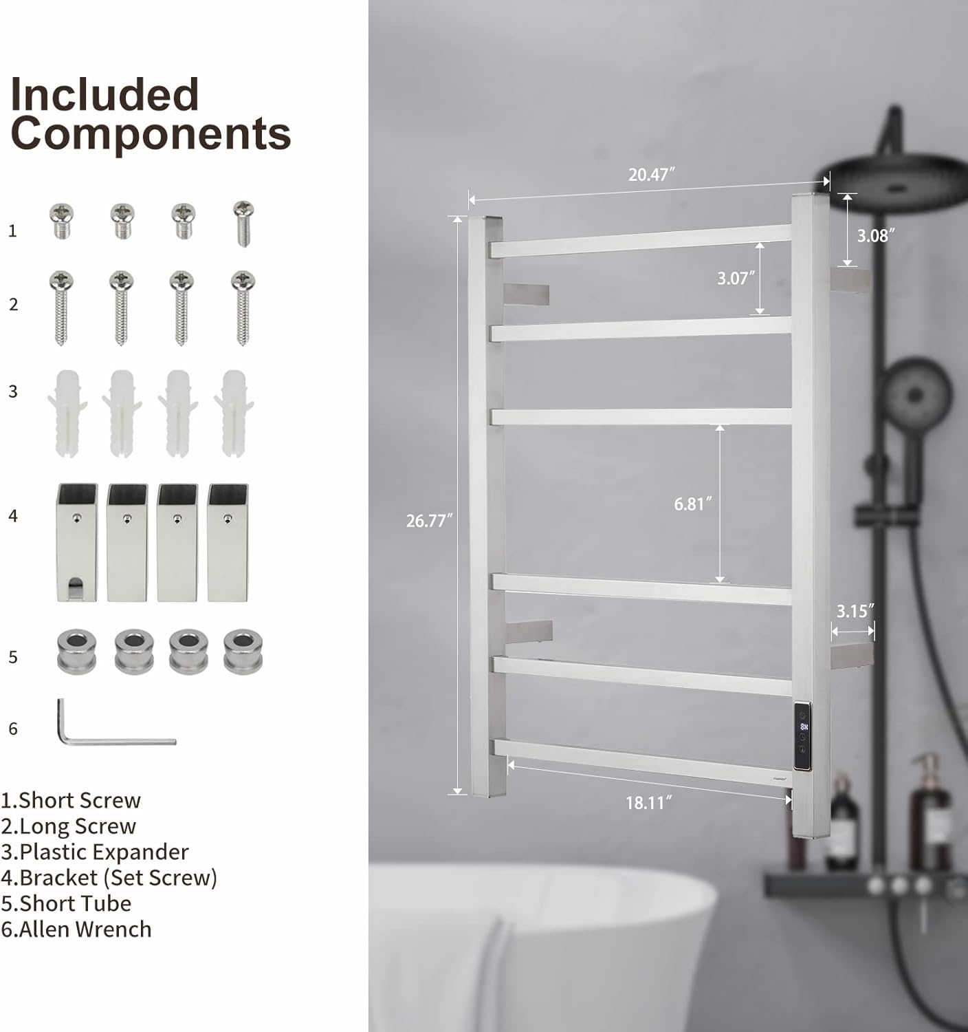 Electric Towel Warmer - Wall Mounted Bathroom Heated Towel Rack, Plug-in Design & Brushed Stainless Steel Finish (Square Brushed with Timer ETW13CS, 6 Bar) Brushed With Timer 6 Bar