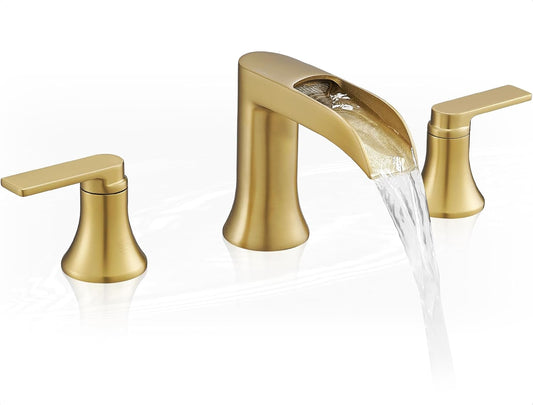 Brushed Gold Bathtub Faucet, Brass Waterfall Roman Tub Faucet 6-16 Inch Deck Mount 3 Hole Bathtub Faucets, High Flow