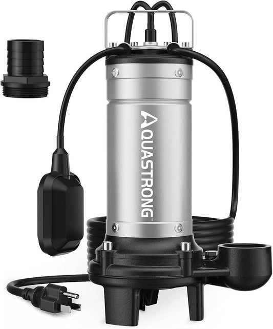 Aquastrong 1HP Submersible Sewage Sump Pump - Stainless Steel Construction, 5180GPH, Tethered Float Switch