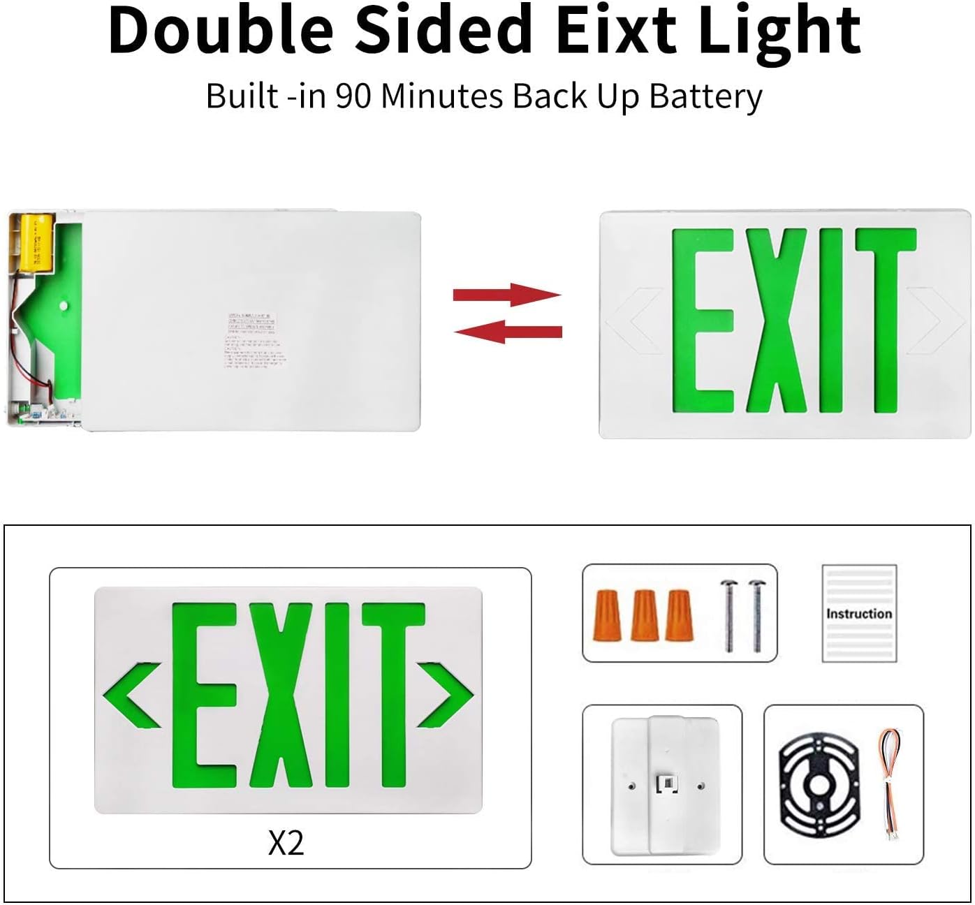 AKT LIGHTING GREEN LED Exit Sign Emergency Light with Battery Backu, Double Face Hardwired GREEN Letter Emergency Exit Lighting For, Restaurant,