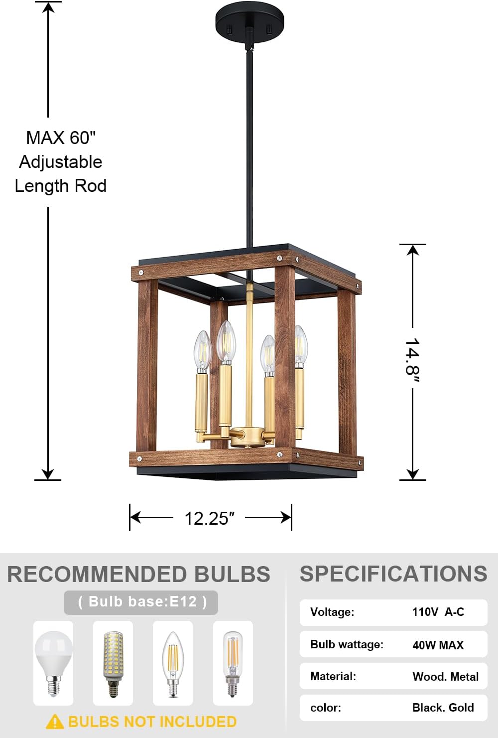 2 Pack 4 Light Farmhouse Adjustable Rod Gold Painted Beech Wood Semi Flush Mount Light Fixtures Black Finish,Rustic Hanging Pendant Chandeliers for