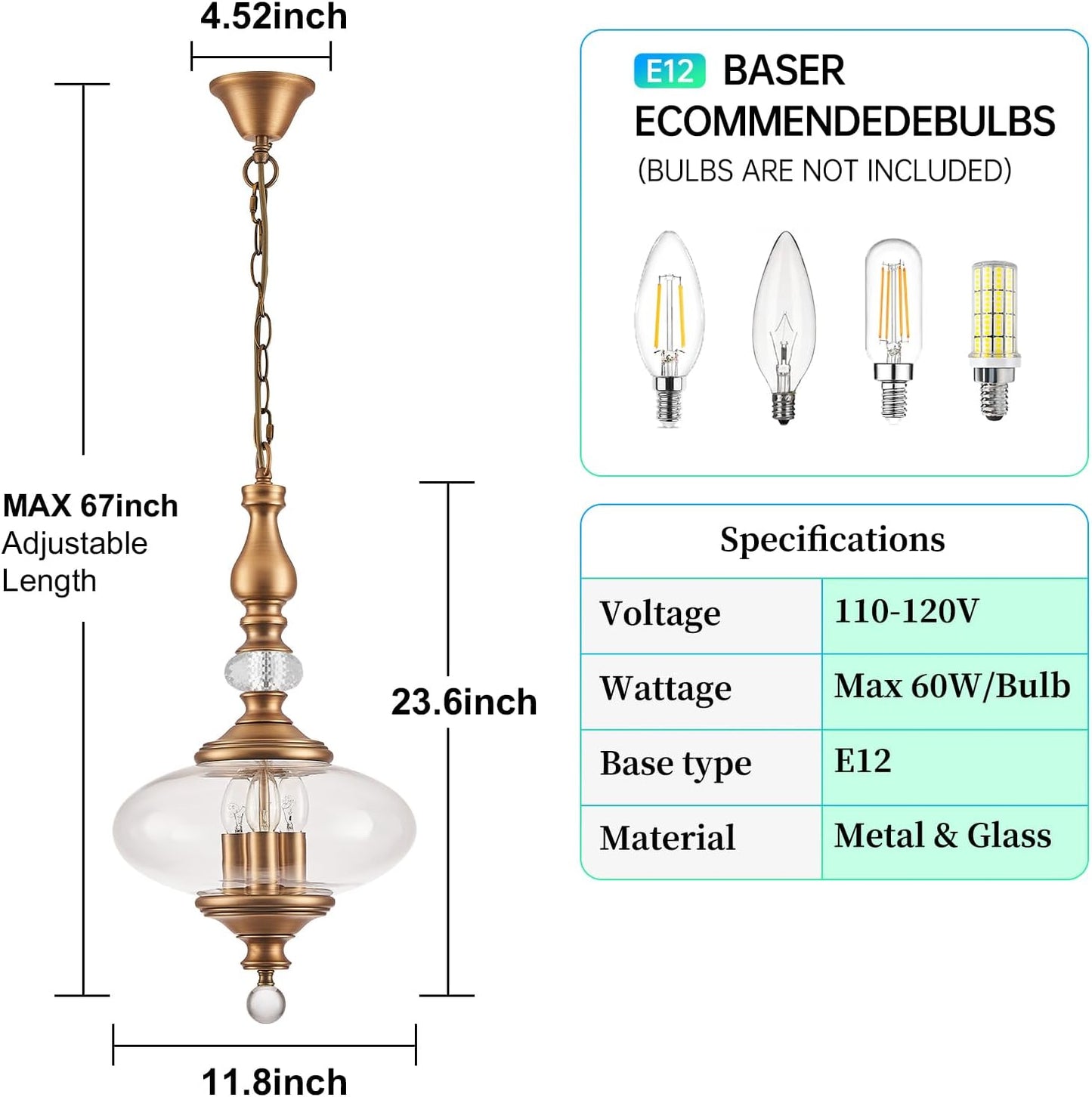 11.8' Vintage Pendant Light Fixtures 3-Light Glass Pendant Light