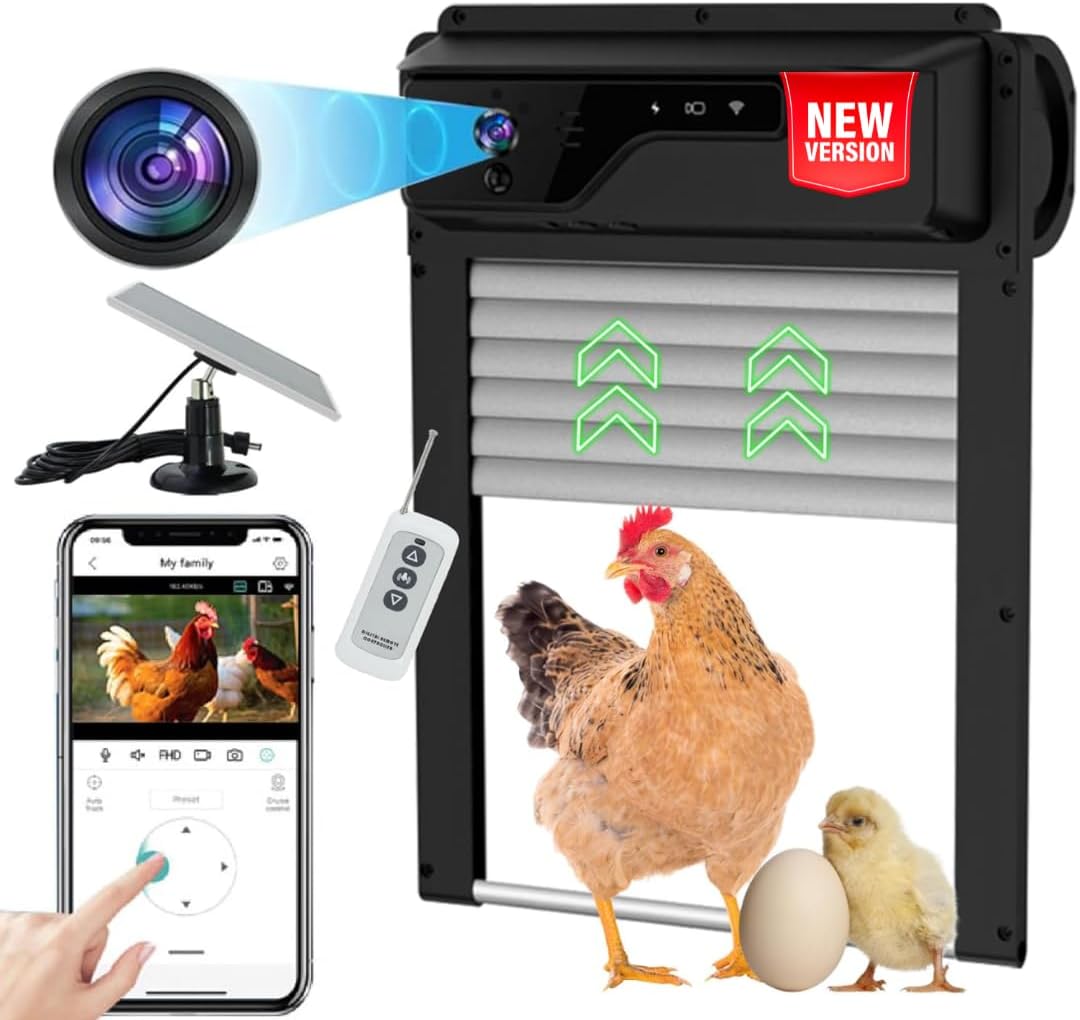 Automatic Chicken Coop Door HD1080p Surveillance Camera WiFi, Solar Powered + Free Guide | 5000mA Battery 100% Night Vision with Remote, Timer, App &