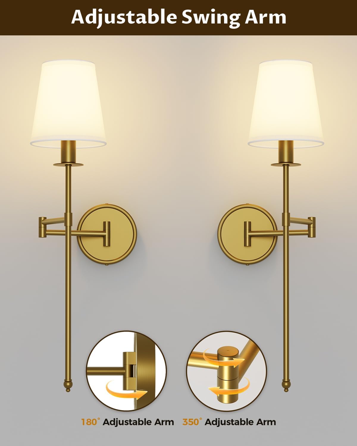 Battery Operated Wall Sconce Set of 2, RGB Color Changing Wall Lights with Remote, 9 Static Colors, Dimmable Wireless Swing Arm Wall Lamp, Adjustable Gold Wall Sconce for Bedroom Living Room Brass 24.8inch