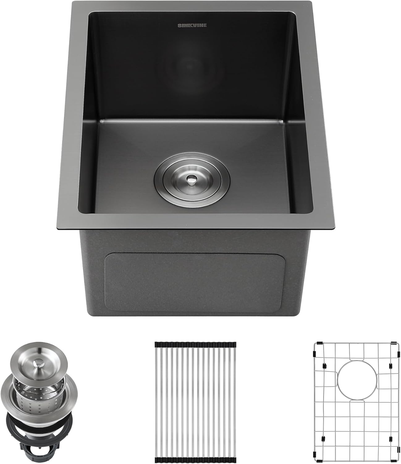 Black Wet Bar Sink Undermount 14 x 18 inch, PVD Nano Stainless Steel, Handmade, Single Bowl with Drain Strainer