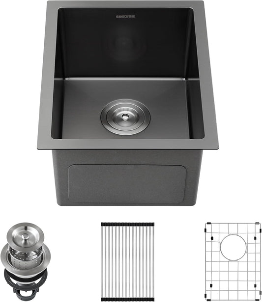 Black Wet Bar Sink Undermount 14 x 18 inch, PVD Nano Stainless Steel, Handmade, Single Bowl with Drain Strainer