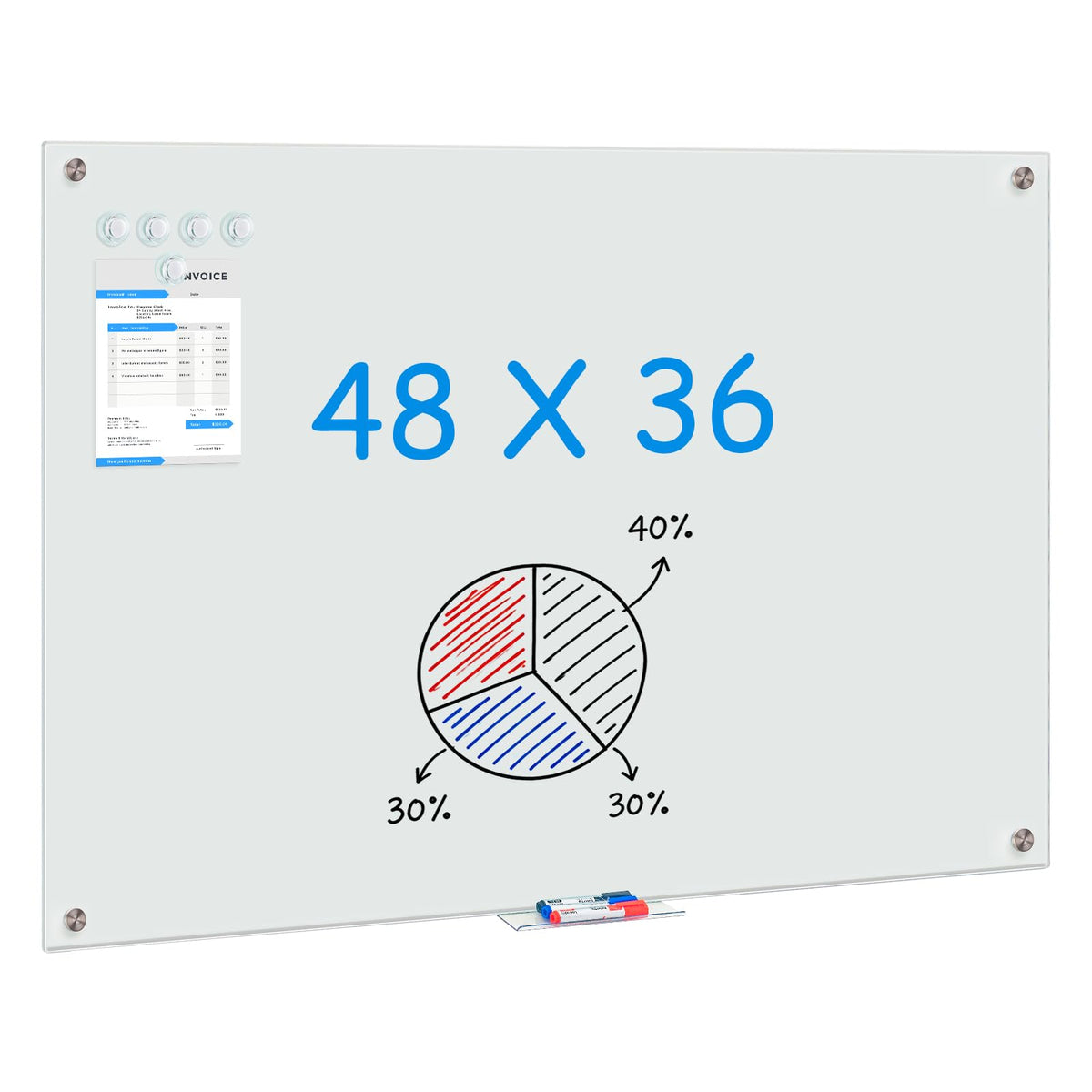 maxtek Magnetic Glass Whiteboard 48 x 36 in, Frameless Glass Board for Wall