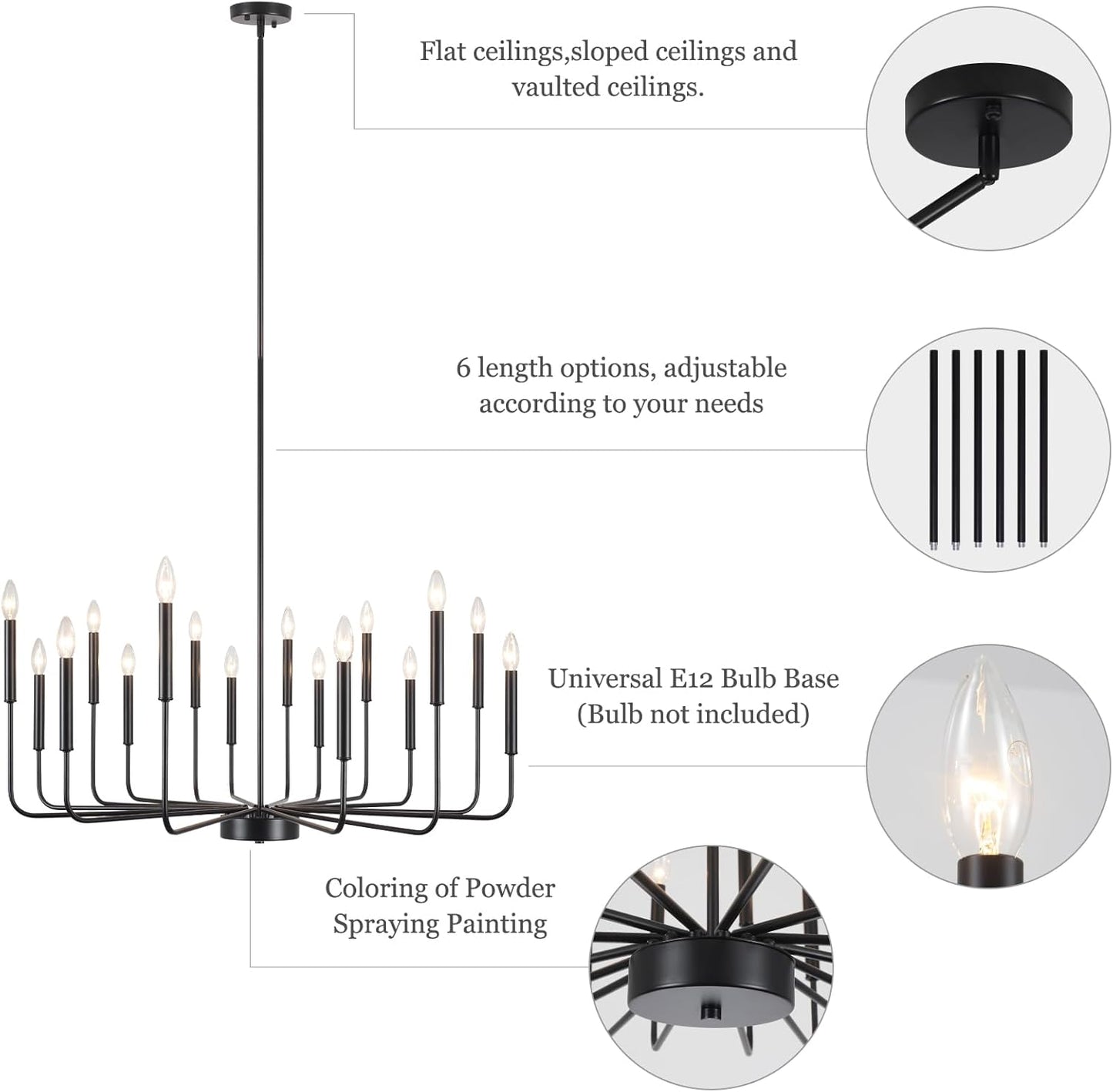 Generies Black Farmhouse Chandeliers, 16-Light Modern Dining Room Chandelier Light Fixture Classic Candle Hanging Industrial Metal Extra Large