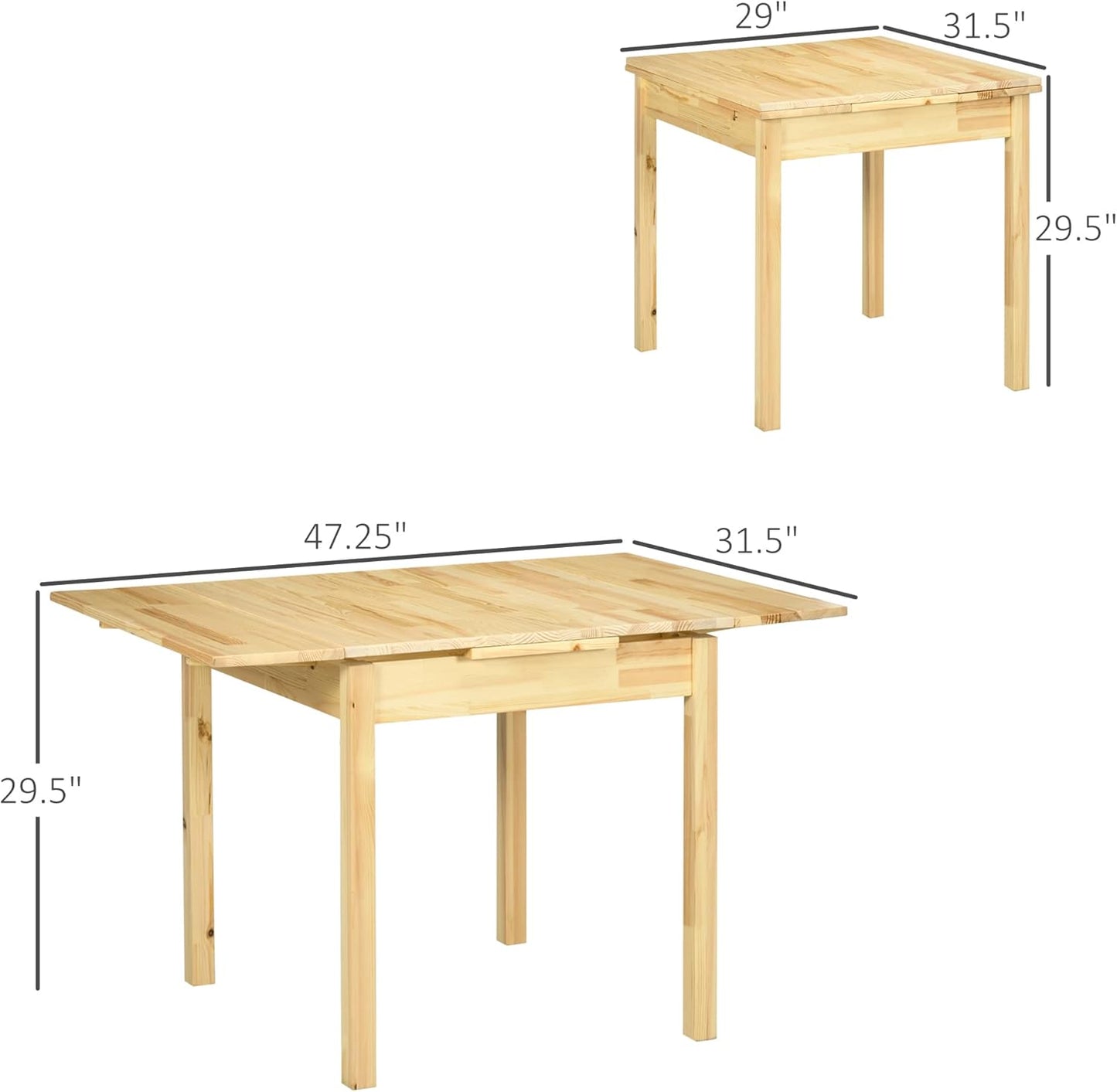 HOMCOM Folding Dining Table with Pine Wood Frame, Drop Leaf Tables for Small Spaces, Foldable Kitchen Table for Dining Room, Natural