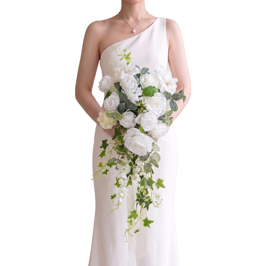 13.7" Wedding Bouquets for Bride,White Silk Cascading Bride Bouquet White & Sage 13.7inch