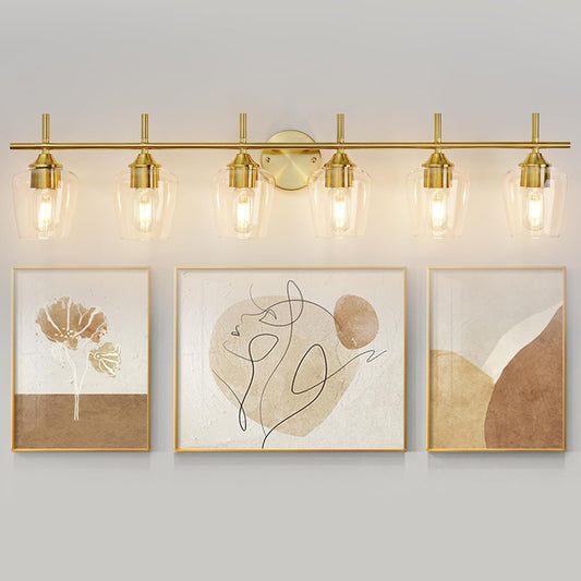 Bathroom Light Fixtures 6 Light Gold Vanity Light with Clear Glass Shade, Brushed Brass Bathroom Lighting Over Mirror,