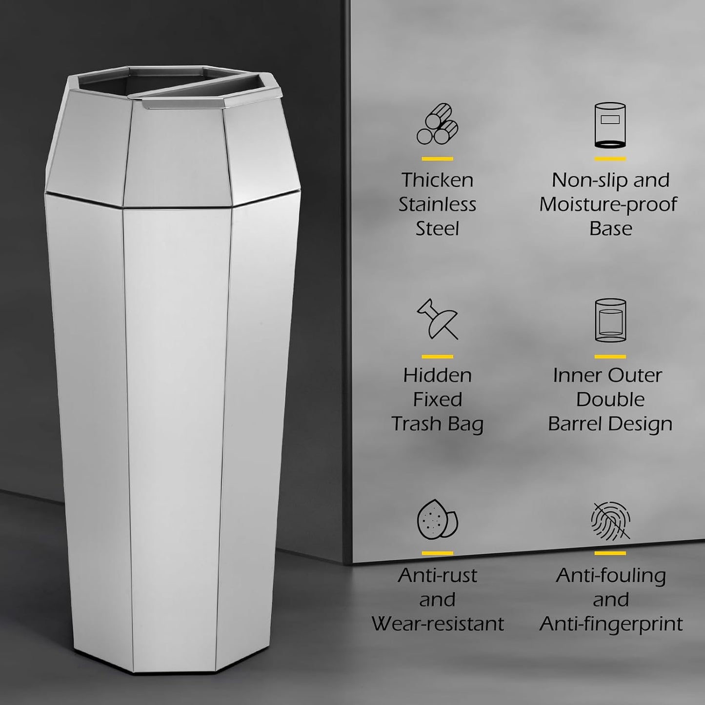 Dyna-Living Commercial Trash Can Large Garbage Can with Lid, Open-top Tall Stainless Steel Trash Bin Industrial Garbage Container for Patio Lobby, Silver