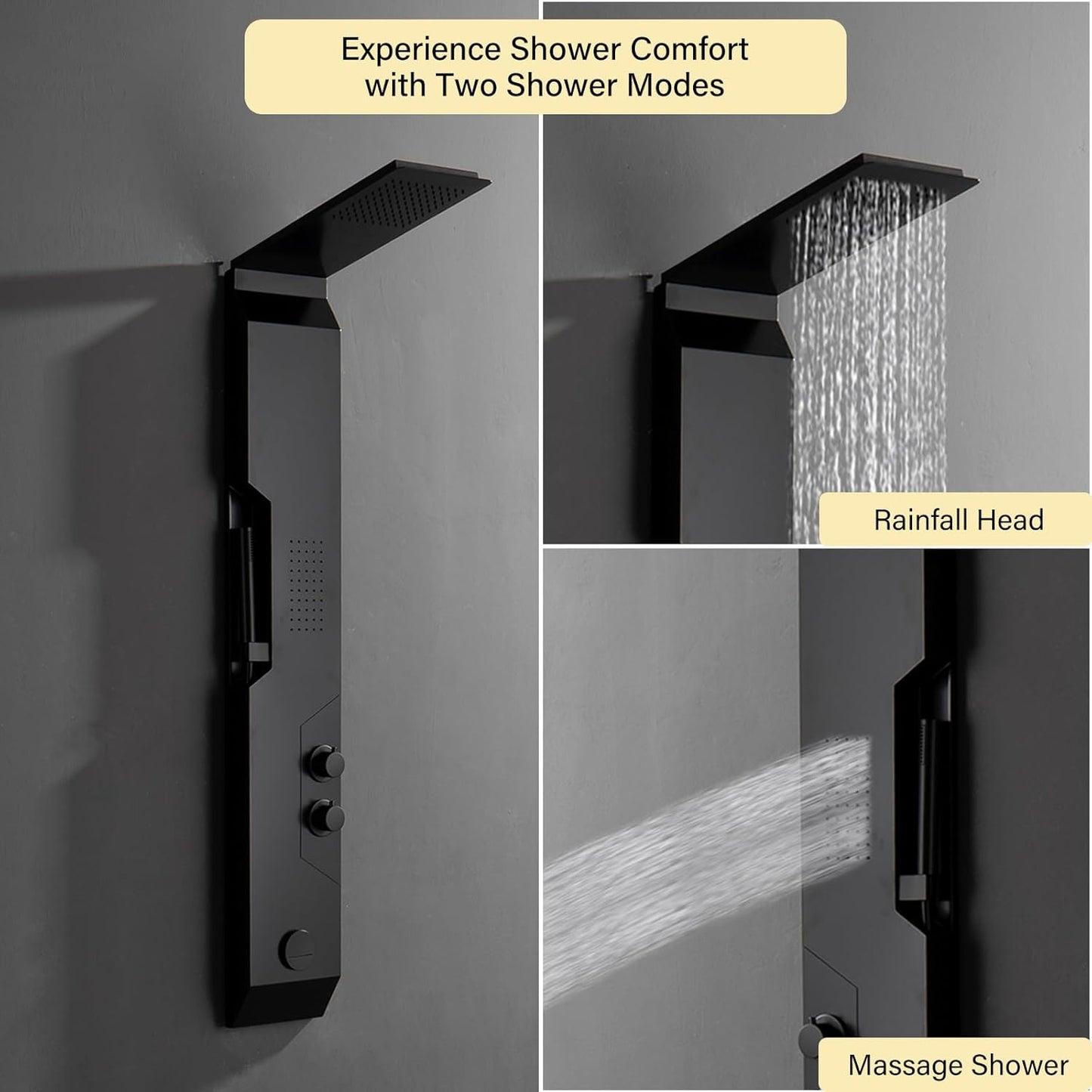 BATHLAVISH Black Shower Panels System, Shower Tower 304 Stainless Steel with Rainfall Shower Head with Handheld Massage Body Jets Bathroom Matte