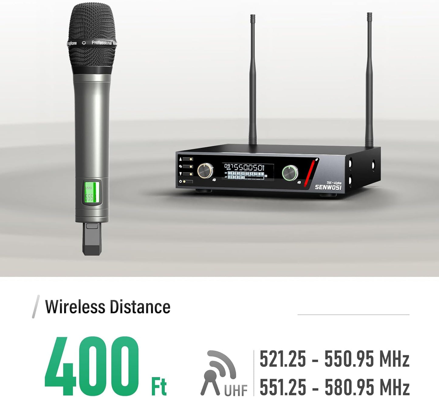 Dual Channel UHF Metal Wireless Mic System with Two Wireless Handheld Dynamic Microphones, 2100 Adjustable Freq